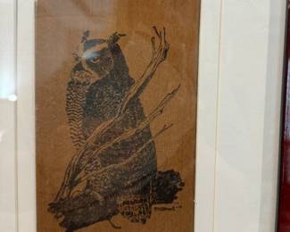 Owl on Paper in Frame Vintage