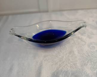 Art Glass Cobalt Blue on Clear Oblong Dish