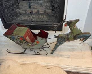 Large Metal Reindeer and Sleigh Ready for Presents