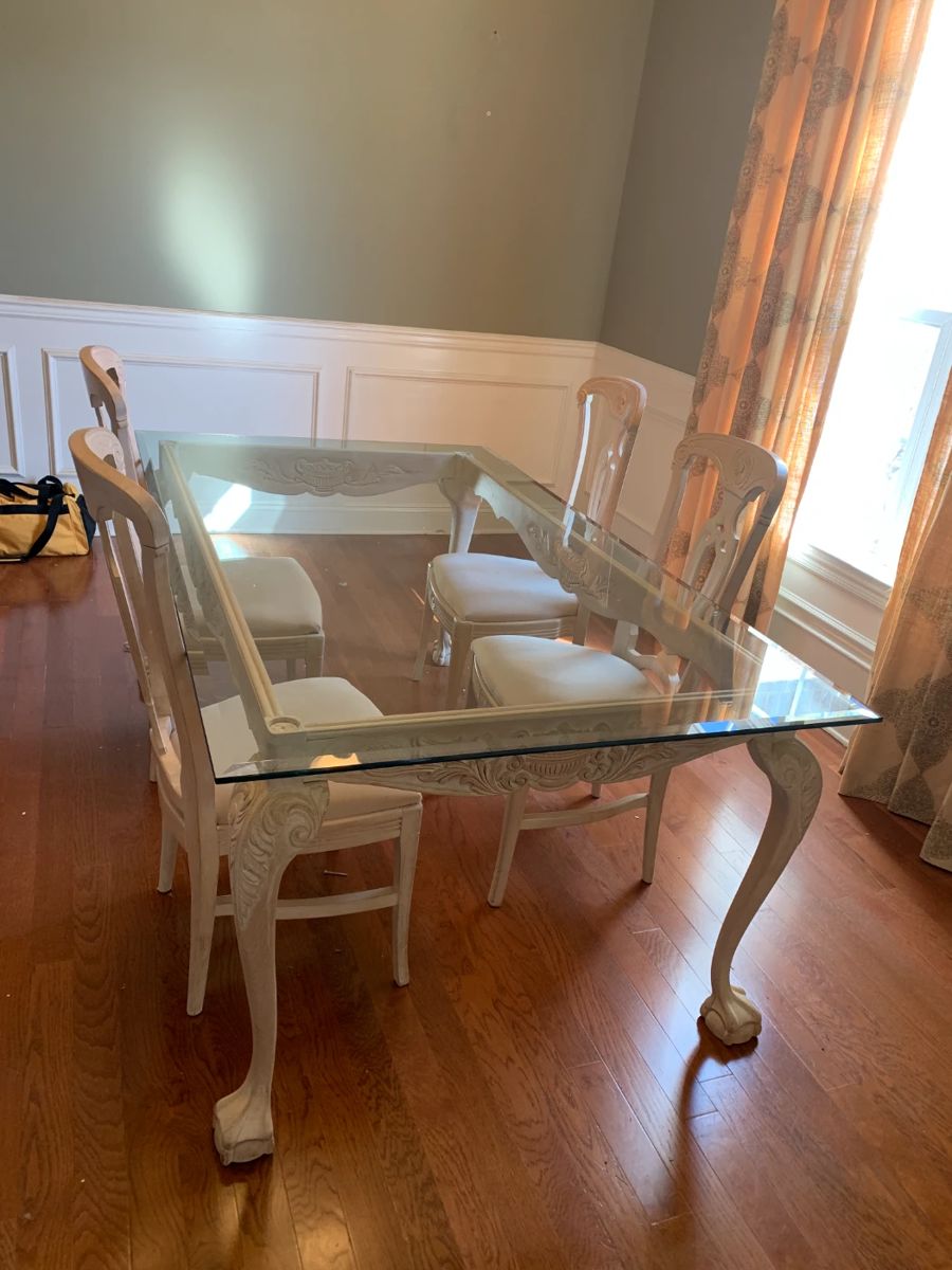 #1	glass top wood pickle base table with ball and claw feet 4 chairs 72x42x29	 $175.00 
