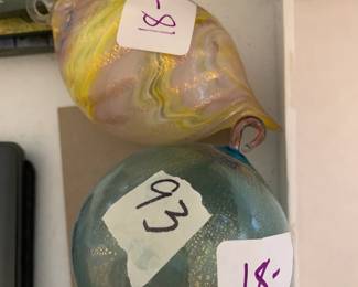 #93	2 pieces blue ball and pink/yellow ball murano	 $36.00 

