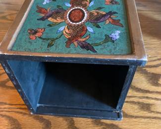 #24	painted glass tissue box, as is - missing bottom slide	 $20.00 
