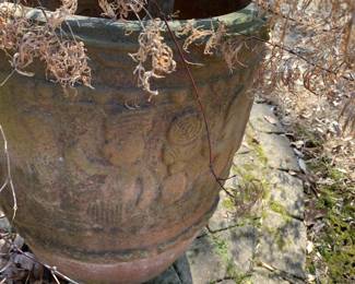 #111	japanese maple in concrete pot with people carved in side, 28"x22"  round	 $200.00 
