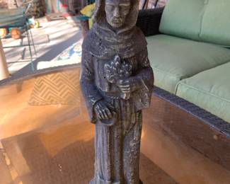 #112	saint statue (concrete) holding flowers, 15" tall	 $20.00 
