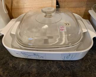 #77	3 piece corningware casseroles, blue iris	 $25.00 
