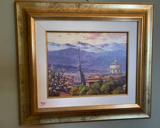 #97	painting of city scape with mountains	 $30.00 

