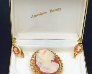 Stunning American Beauty Hand Carved Cameo Brooch & Clip-On Earring Set

