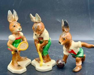 (3) Goebel Rabbit Figurines
Crazing as shown but no cracks or chips. One figurine has some missing paint on ball as shown. 
Hummel Goebel Tennis Girl Lady Rabbit Bunny
Goebel Easter Bunny Bowling Figurine
Goebel Brown Bunny Rabbit Figure Playing Golf 
