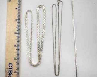 (3) Sterling Silver Necklaces – Box, Snake & Flat Chains
