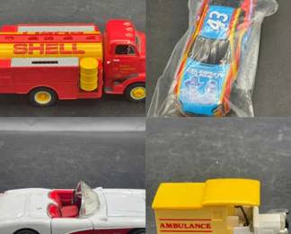 (4) Vintage Toy Cars
First Gear 1/34 Scale 28-0105 1952 GMC Fuel Tanker Shell Oil Company Mint
Vintage plastic toy ambulance 
2008 #43 Richard Petty "Celebrate the Legacy" NASCAR 1/64 scale diecast car New in bag
Vintage 1957 CORVETTE CONVERTIBLE SS7708 White w/ Red Model Car

