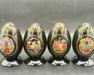 (4) Russian Black Porcelain Fairy Tale Eggs With Stands
Russian Fairy Tale Tsar Saltan Black Porcelain Egg with stand
Russian Fairy Tale The Firebird Black Porcelain Egg
Vintage Russian Fairytale Hand Painted Porcelain Egg “Ruslan & Ludmila”
Russian Fairy Tale The Scarlet Flower Black Porcelain Egg Palekh 
No chips or cracks 
