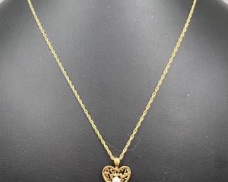 14K Gold Necklace with Pearl & Diamond Heart Pendant
