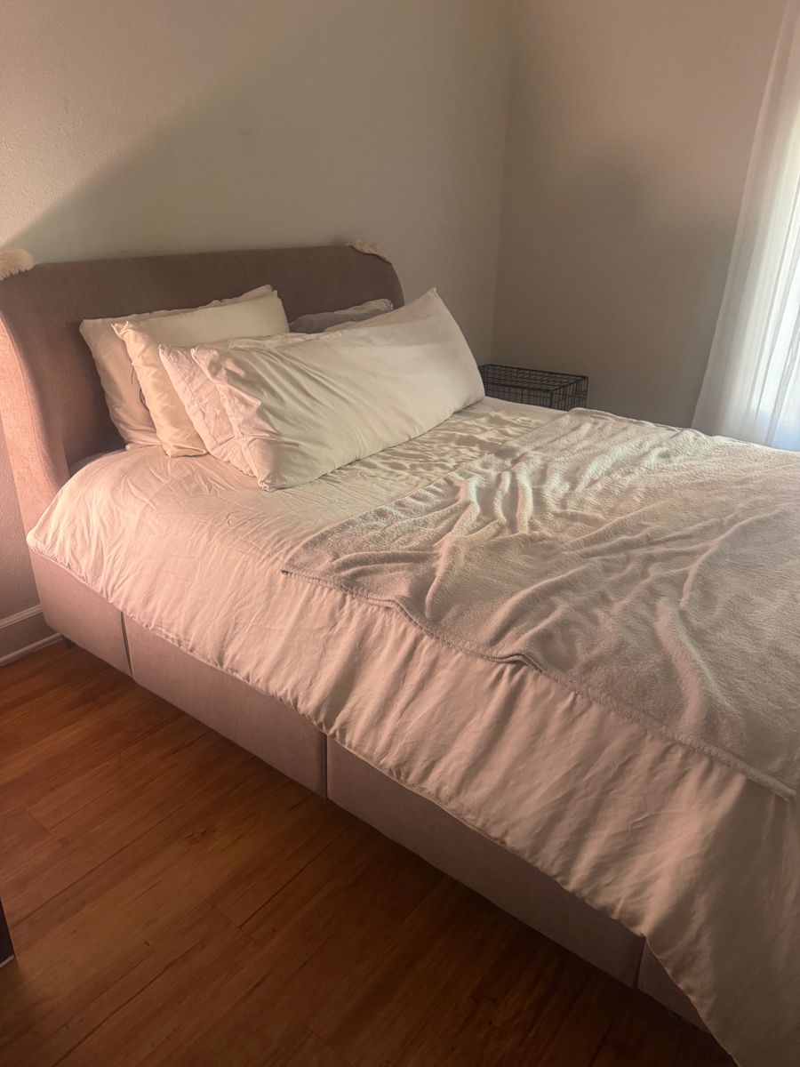 West Elm queen bed with storage