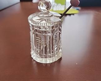 Antique crystal mustard jar with spoon