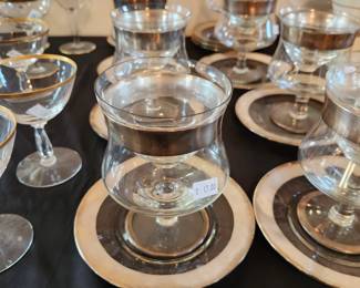 Dorothy Thorpe Mid Century Modern Silver rimmed Shrimp Cocktail glasses with Plates