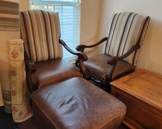 Strasbourg French, Hand Carved Arm chairs with leather.
2 chairs plus ottoman