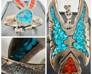 (2) Size 6.75 Sterling Silver Rings with Red & Turquoise Stones
