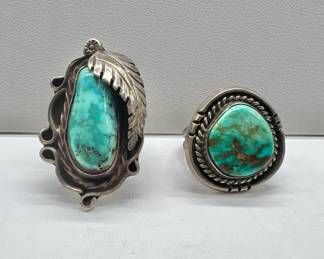 (2) Southwestern Style Silver Turquoise Rings Sizes 5.25-5.5
