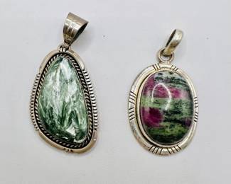 (2) Sterling Silver Green & Purple Polished Stone Pendants
