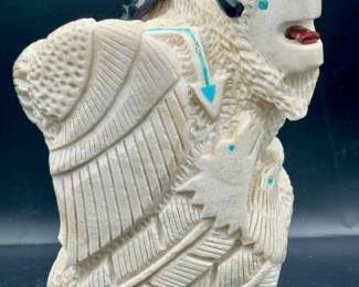 Signed Ben Livingston Carved Stone Sculpture With Inlays
