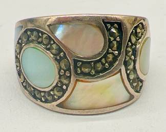 Mother of Pearl & Marcasite Sterling Silver Ring Size 6
