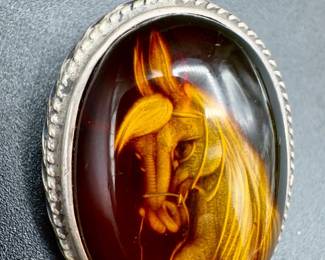 Carved Amber Colored Horse Brooch/Pendant
