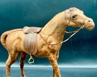 Vintage Paper Mache Leather Wrapped Brown Horse Statue Figure W/ Saddle

