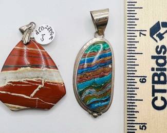 (2) Sterling Silver Pendants in Red Zebra & Rainbow Calsilica
