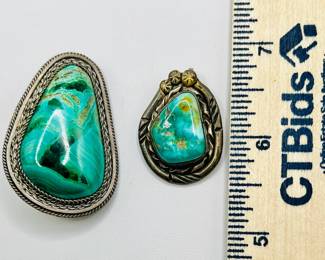 (2) Sterling Silver Green-Blue Polished Stone Jewelry — Brooch & Pendant
