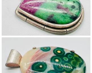 (2) Sterling Silver Polished Pink & Green Stone Pendants
