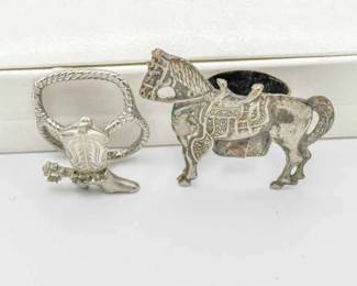 (2) Sterling Silver Western Brooches / Bolo Tie Clasps
