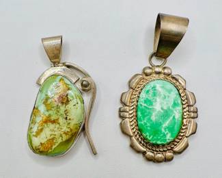 (2) Sterling Silver Green Polished Stone Pendants
