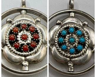 Zuni Sterling Silver Double Sided Spinner Pendant with Turquoise & Coral Stones
