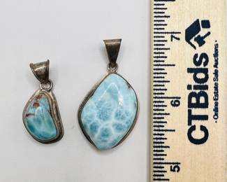 (2) Sterling Silver Baby Blue Polished Stone Pendants
