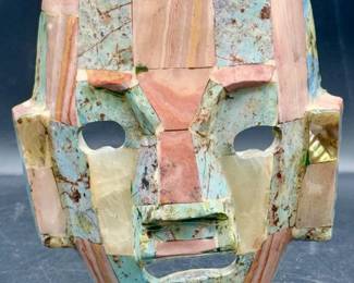 Mayan Aztec Death Mask Mother of Pearl Onyx Abalone Burial Sculpture Folk Ar
