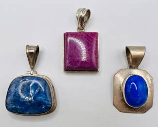 (3) Sterling Silver Blue & Violet Polished Stone Pendants
