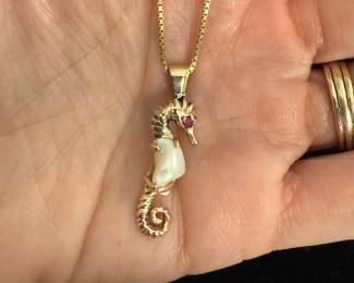14K Ruby & Pearl Seahorse Pendant & Chain
