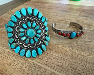 Beautiful Native American Cuffsm Coral & Turquoise Running Bear