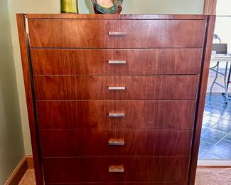 Mid century tall walnut and chrome highboy chest of drawers designed by Jack Cartwright for Founders Furniture 