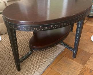 Antique Oval Coffee Table with Shelf and Hand-painted Decorative Inlay - 21” H x 40” L x 25” W