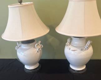Pair of White Ceramic Urn Table Lamps with Off-White Shades - 24” H