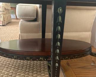 Antique Oval Coffee Table with Shelf and Hand-painted Decorative Inlay - 21” H x 40” L x 25” W