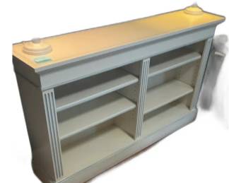 Kellogg Collection White Low Bookshelf with Architectural Details , white finish with light blue painted accents, 34 x 60 x 12