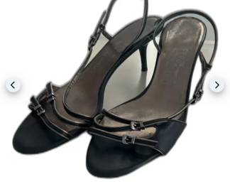 Salvatore Ferragamo size 9.5 Black and Bronze Leather Slingback 2 inch Heels