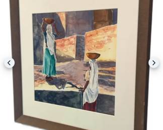 Cindi Lewis - Original Watercolor Painting: Women Carrying Bowls in an Indian Village Scene
