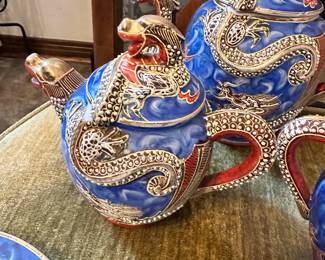 #74 - $150 - Blue Dragonware Moriage Satsuma set 3 tea pots - 6 desert plates, 6 cups and saucers