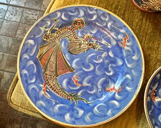 #74 - $150 - Blue Dragonware Moriage Satsuma set 3 tea pots - 6 desert plates, 6 cups and saucers
