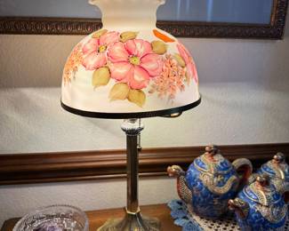 #61 - $60 - Brass Art Nouveau lamp with floral shade 20x12