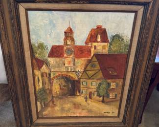 #42H -$100 - Painting of European village signed by House