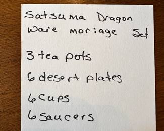 #74 - $150 - Blue Dragonware Moriage Satsuma set 3 tea pots - 6 desert plates, 6 cups and saucers